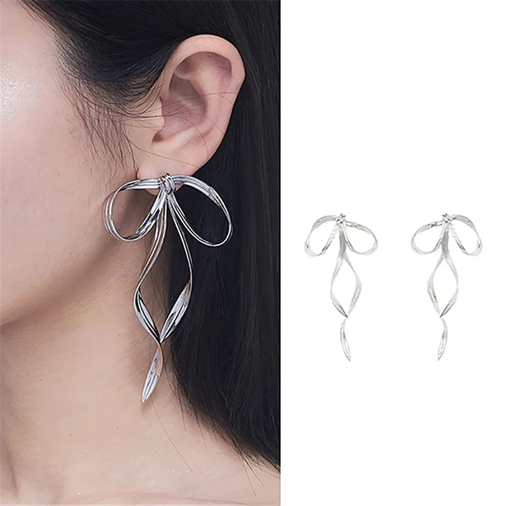 Fashion Designer Earrings for Women Metal Bow Long Ribbon Drop Earrings Female Fairy Style Irregular Ear Stud Jewelry