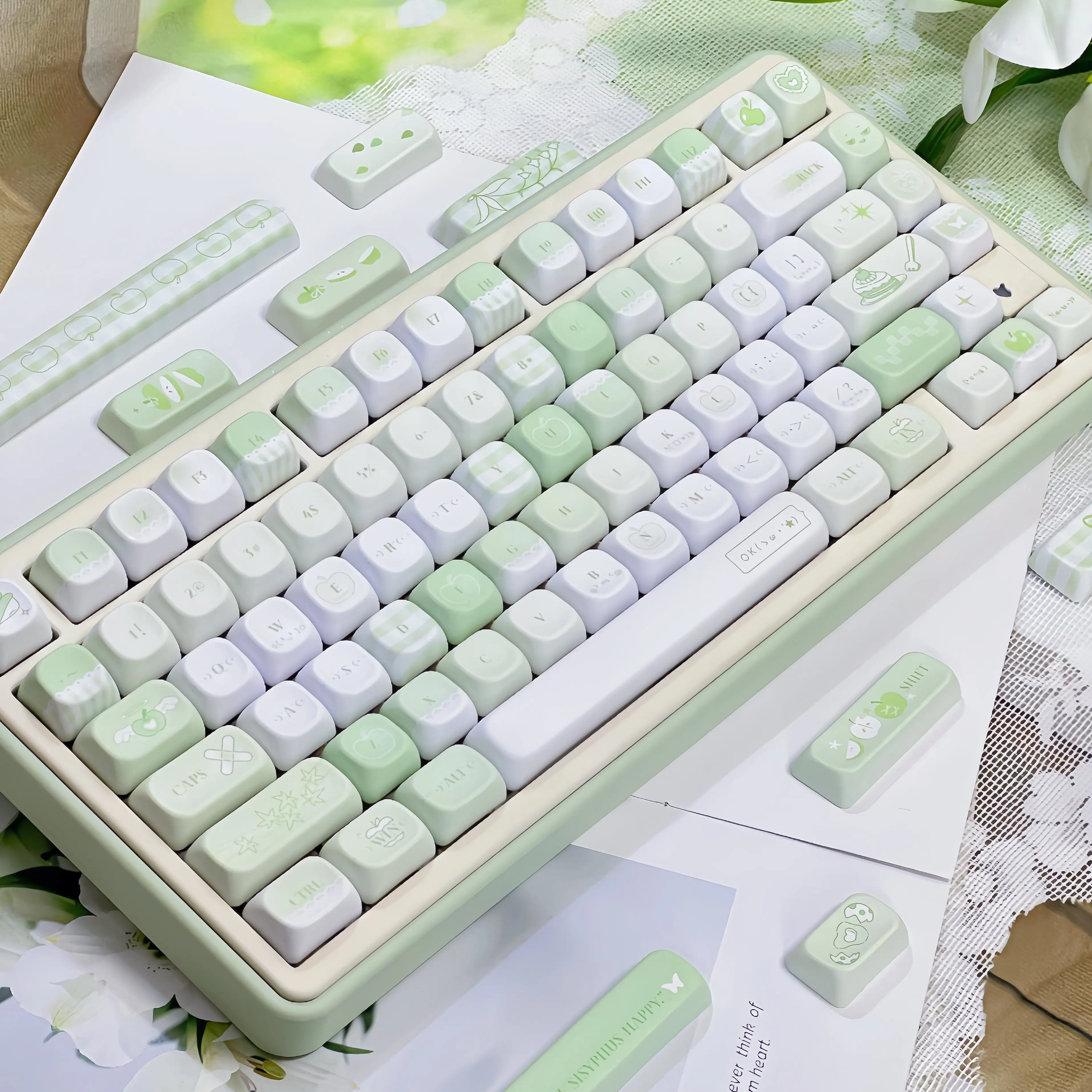 MAIMOOO Green Fruit Keycap FOA Profile 143Keys Light Green Fresh Cute Key Caps PBT Custom Cherry Keycaps for Mechanical Keyboard