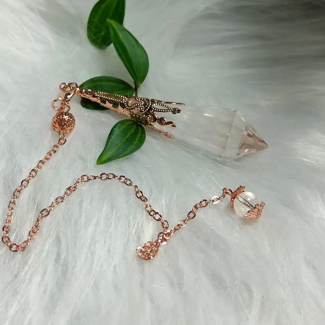 Chinese Style Auspicious Lucky Wealth Blessing Natural Clear Quartz Pendulum Rose Gold Carved Healing Crystal Pendant For Divina