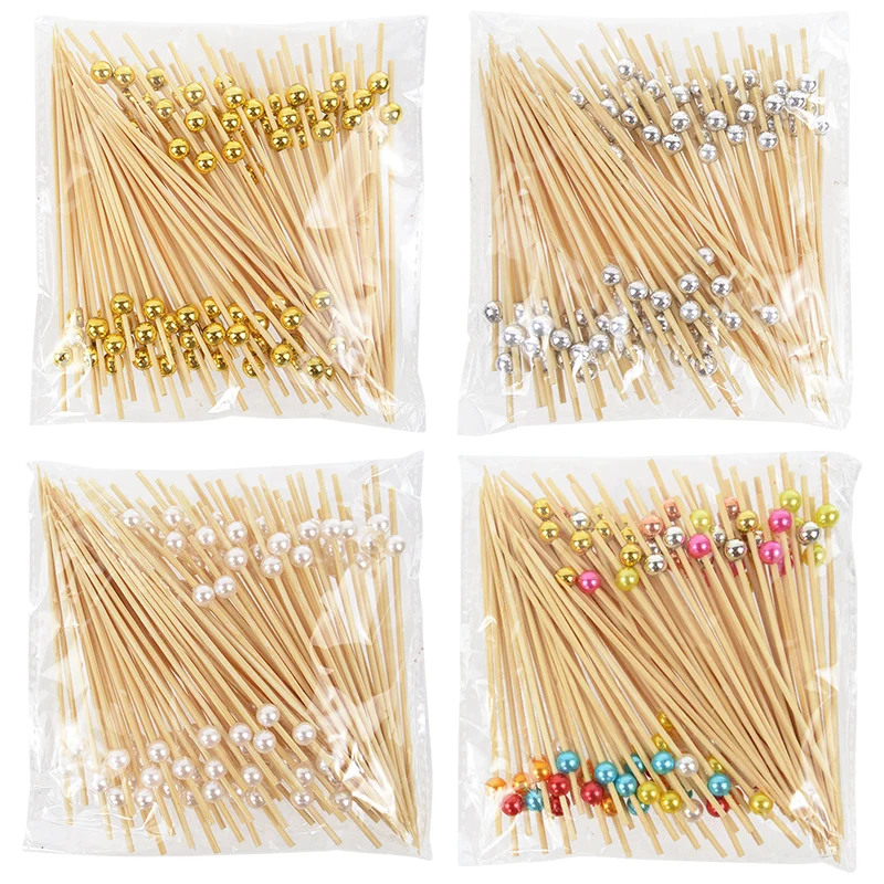 

100Pcs Christmas Pearl Disposable Cocktail Picks Bamboo Forks Skewers Wooden Dessert Snack Skewer Wedding Party Decor Supplies