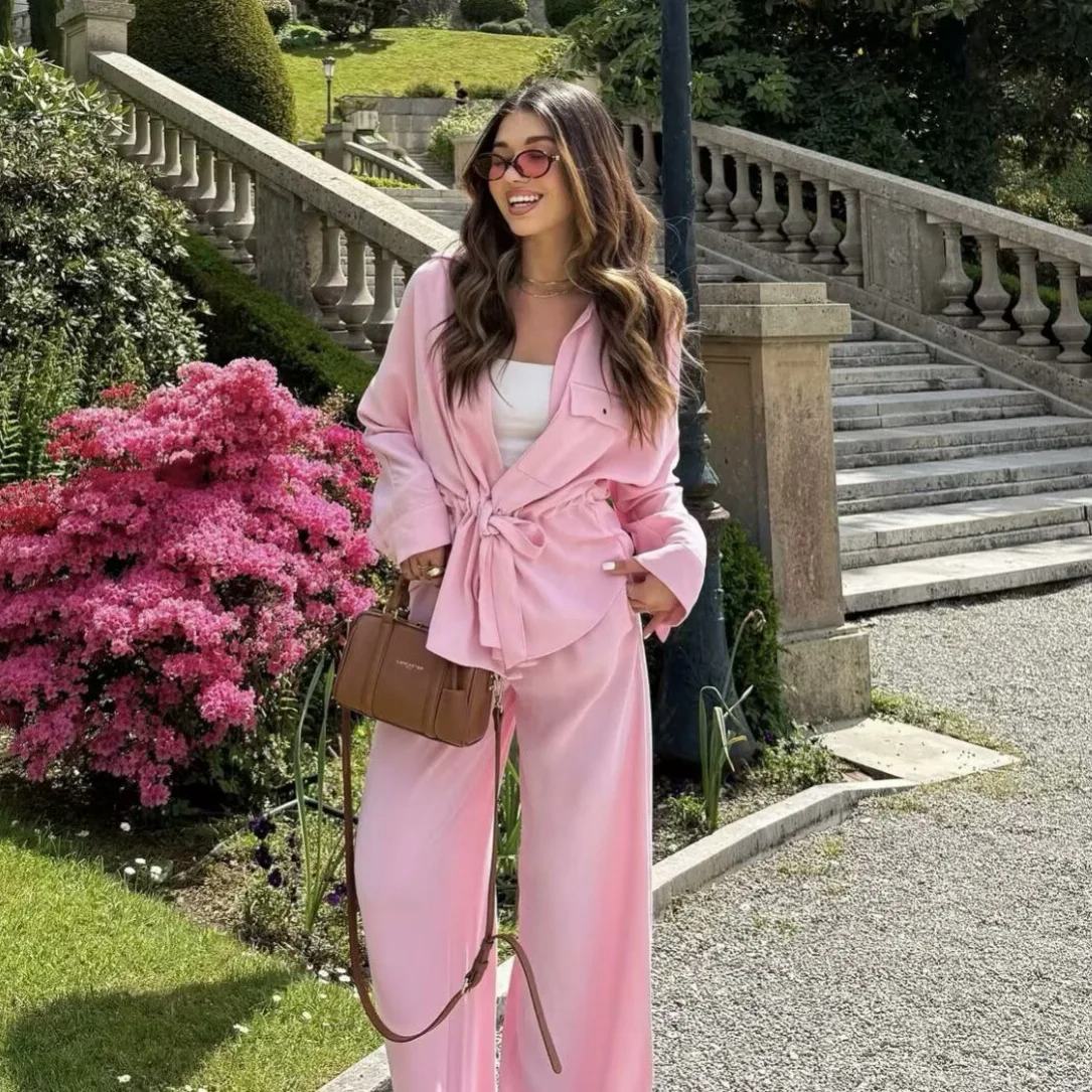 

Commuting Autumn Women 2 Piece Sets Solid Belted Turn Down Collar Long Sleeve Shirts For Lady Loose Wide Legs Female's Trousers