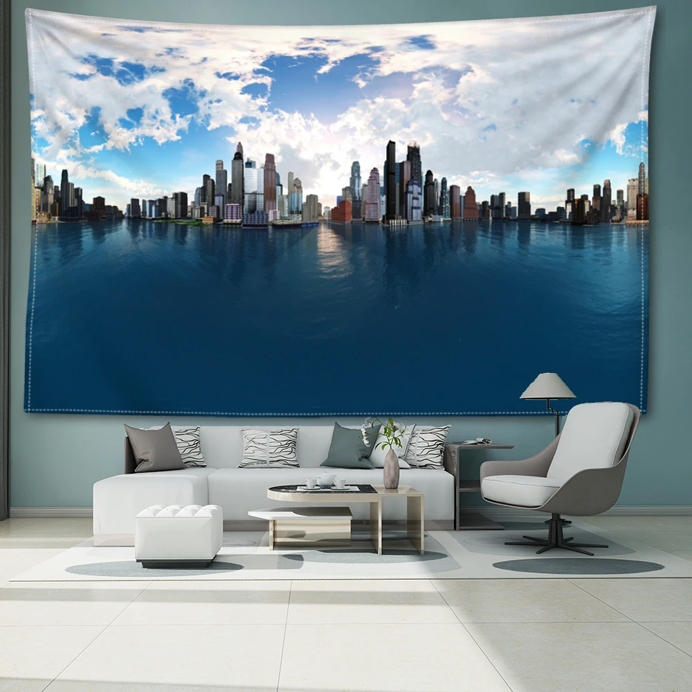Urban Landscape Printed Tapestry, Ocean Blue Sky Urban Modern Style Room Living Room Wall Hanging Art