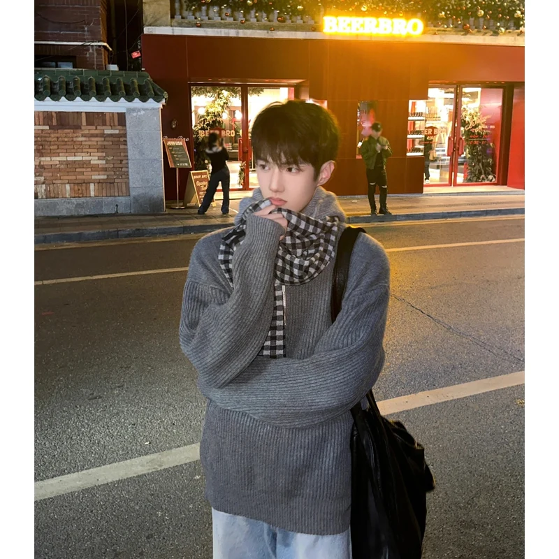 

Мужская зимняя толстовка на молнии с капюшоном, модная корейская, вязаная, свободного кроя, из полиэстера, с длинными рукавами, повседневная верхняя одежда