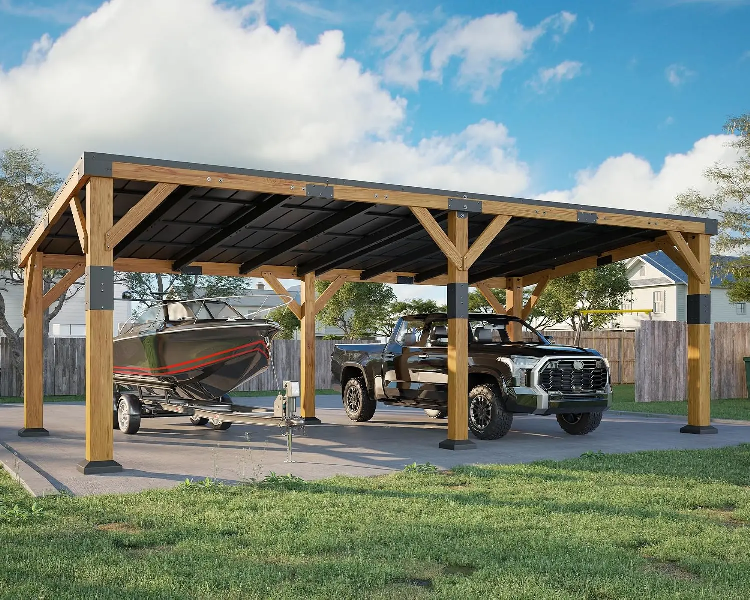 Heavy Duty Cedar Wood Carport 2-Car 12x24x8.2 FT Outdoor Vehicle Shelter, Customized