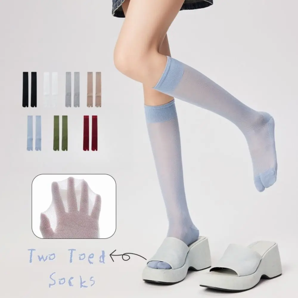 

Comfortable Solid Color Knee High Stockings Ultra-thin JK Ruffle Two Toe Socks Mesh Breathable Calf Long Socks Women