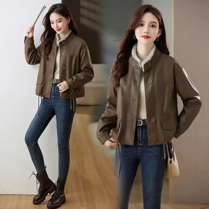 Prendas de vestir de cuero de moda coreana para mujer, chaqueta de piel sintética de manga larga para otoño e invierno, abrigo de cuero PU de ocio para mujer 2025