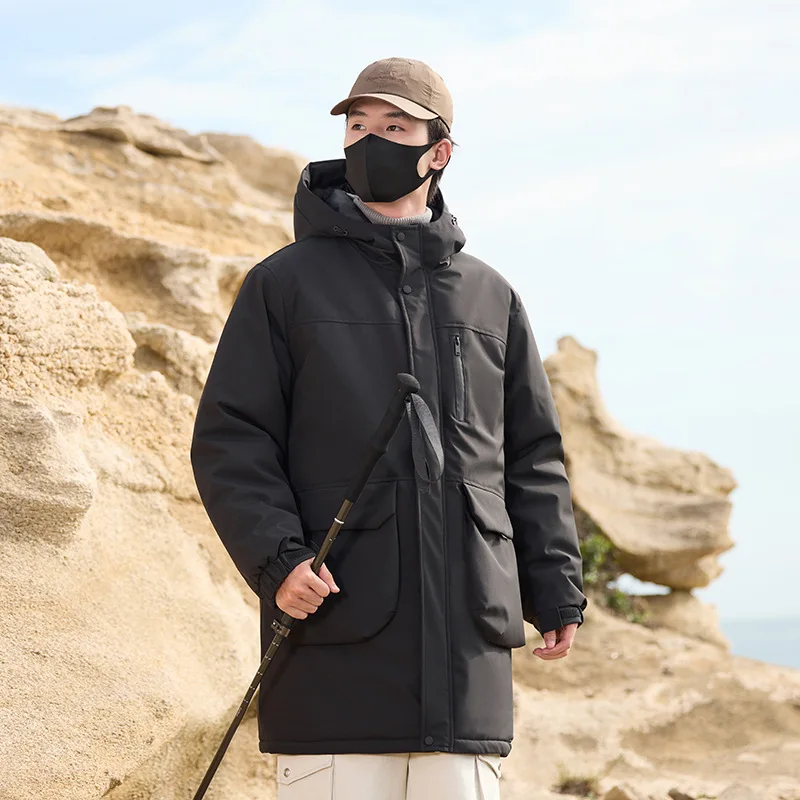 

Man Cargo Coat Winter Thicken Simple Solid Color Male Down Jacket Mid Length Long Sleeve Pocket Outdoor Hooded Men Outerwear