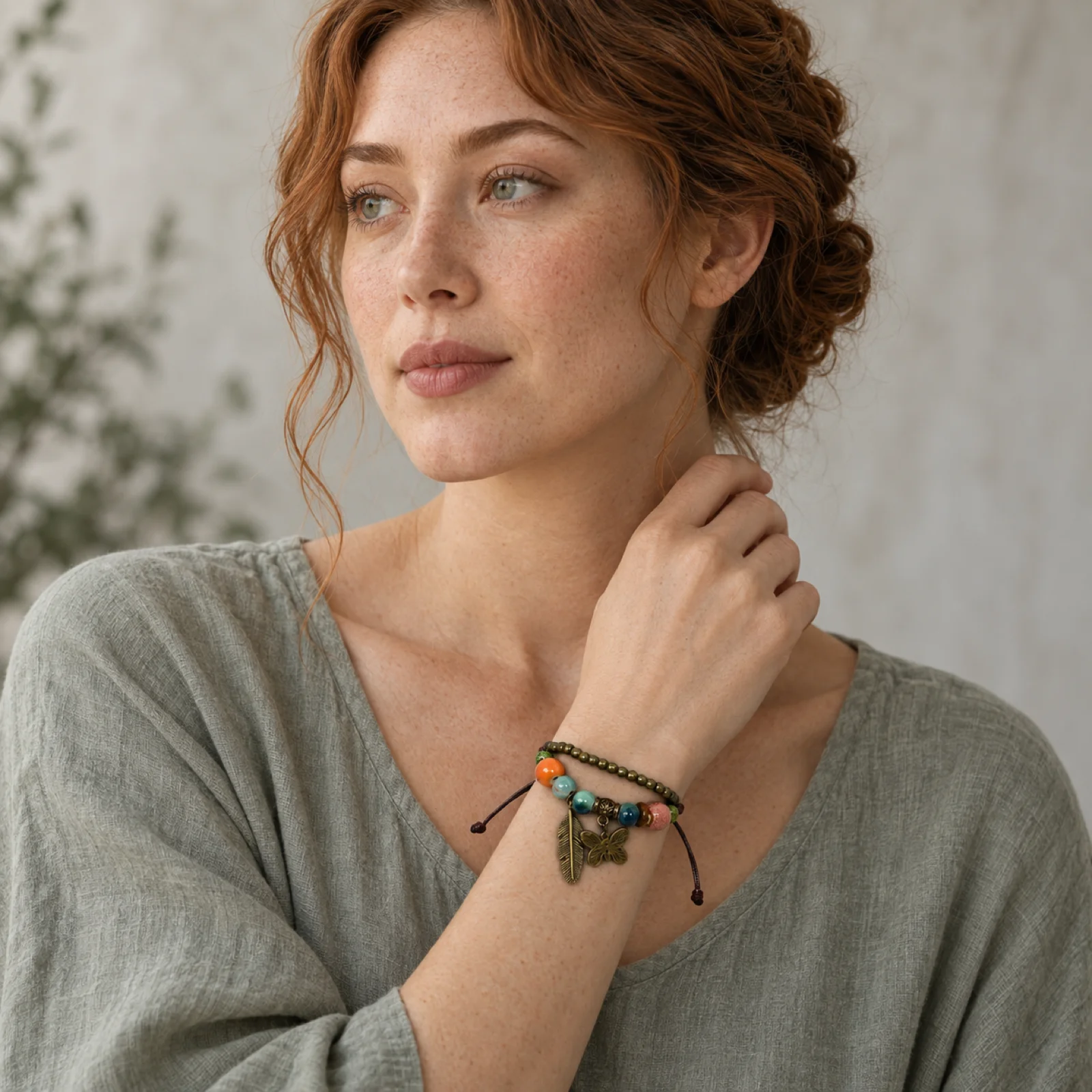 Handmade Ceramic Bracelet with Waxed Cord Handwoven Alloy Feather and Butterfly Charms Wooden Beads Metal Hardware 609P5-14