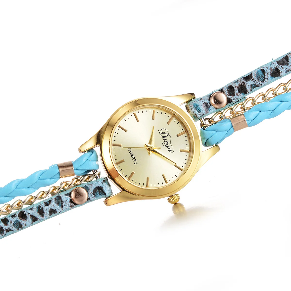 

Leopard Print Women Watch Gold Tone Sunray Dial Pu Braided Strap Buckle Closure Waterproof Quartz Wristwatch