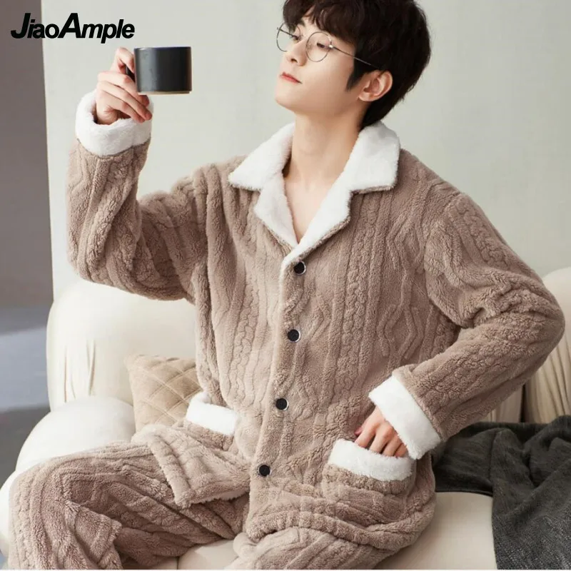 Men's Winter Warm Pajamas 2022 New Loose Thickened Flannel Pyjamas Sleepwear Two-piece Set Korean Fashion Pijamas Homewear Suit