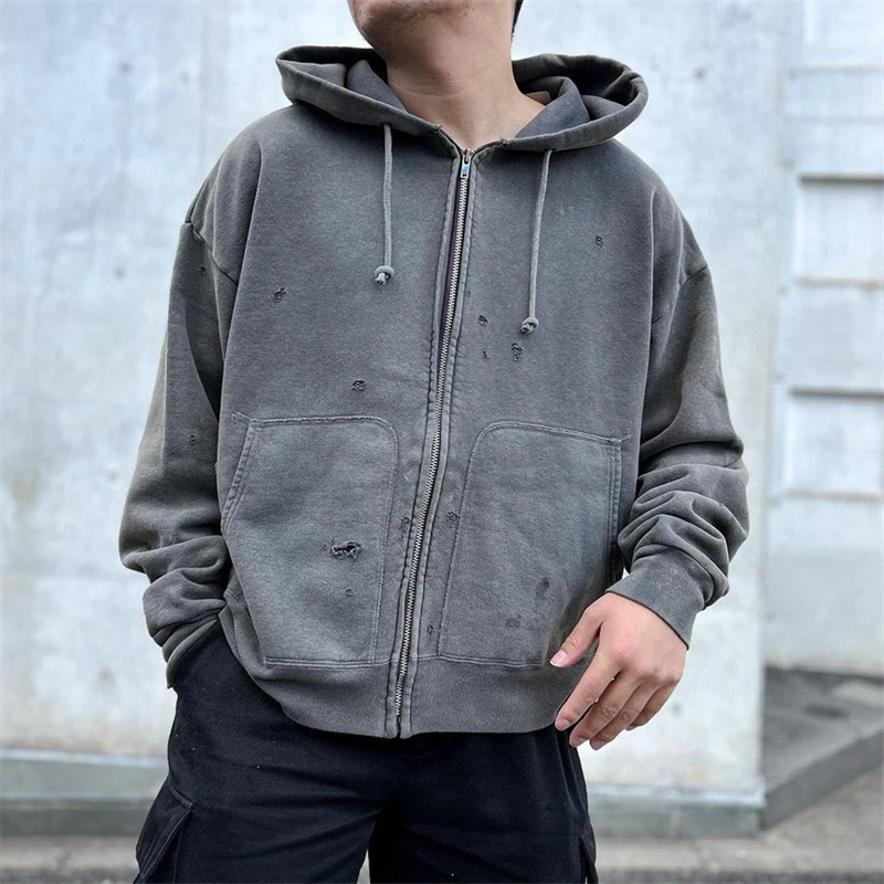 SAINT 25SS Solid Color Hole Breaking Casual Zipper Hoodie High Street Vintage Loose Cotton Washed Japanese Street Fashion Hooded