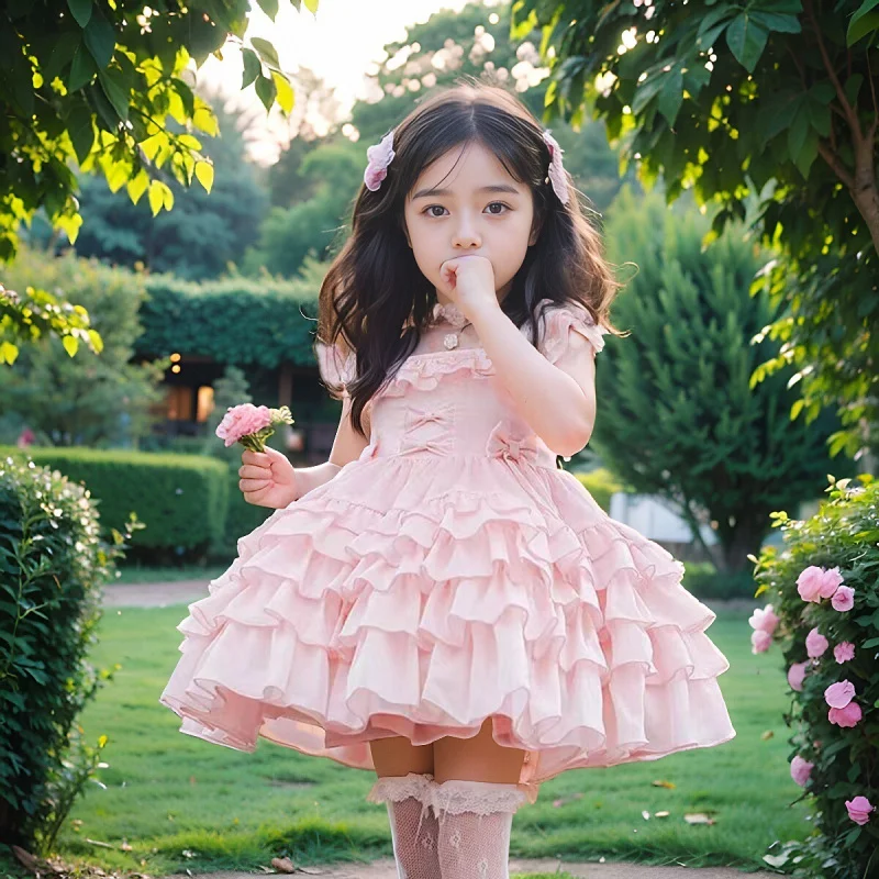 

Girls Dress New2024Fashionable Sweet Princess Dress Baby Birthday Puffy Cake Dress Summer