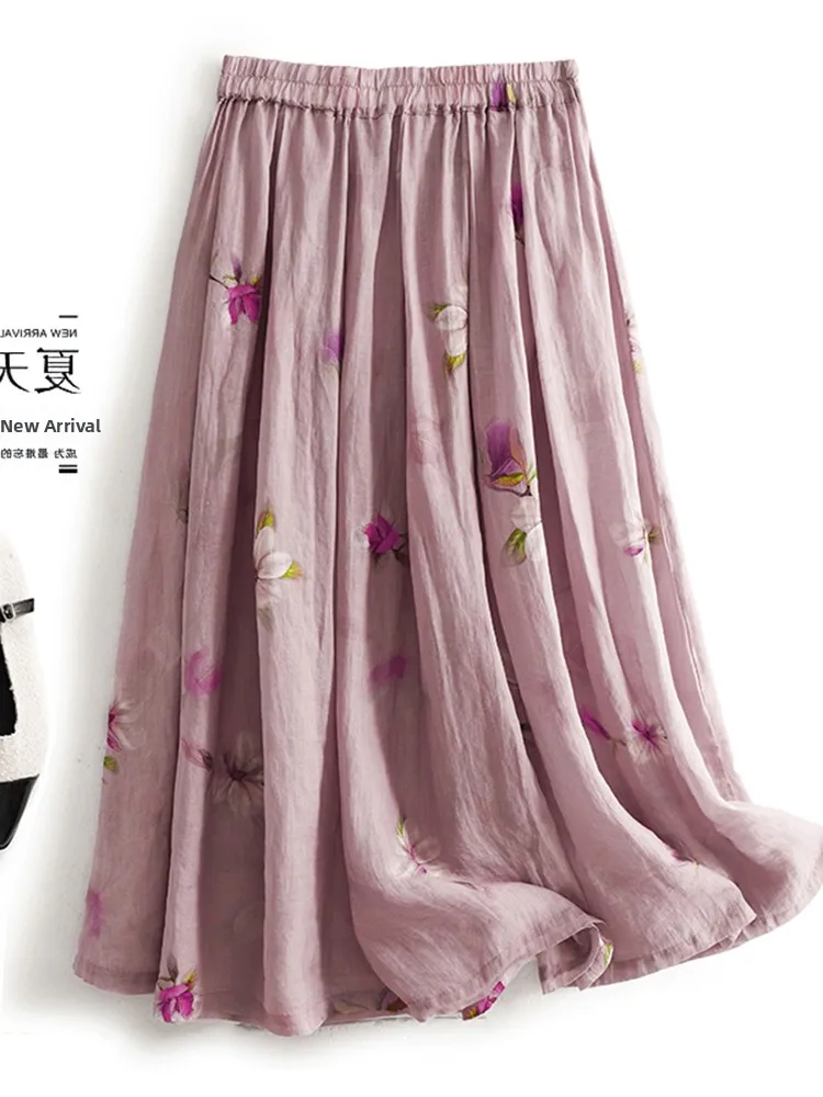 

Юбка-миди трапециевидной формы с высокой талией и цифровым принтом, хлопково-льняная ткань, этническая плиссированная утягивающая плавающая большая юбка для pl...