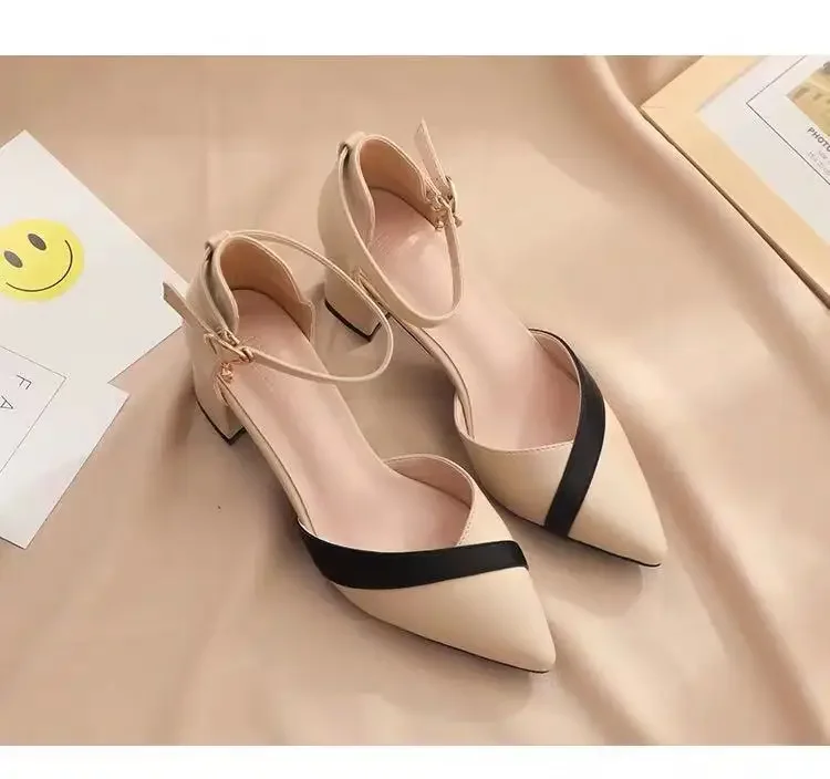 Klassische Damen-Pumps mit Beigefarbenem Quadratischem Absatz und Spitzer Form für Partys, Frühling und Sommer, Schwarze Schnalle, PU-Leder, Professionelle Schuhe – Detail 3