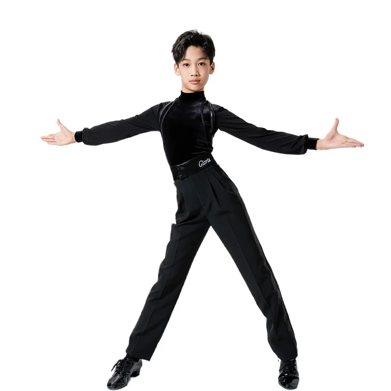 2027 Jungen-Latin-Tanzkostüm, Samt-Langarm-Trikot, Jungen-Übungs-Langarm-Oberteil, Tanzwettbewerbs-Outfit