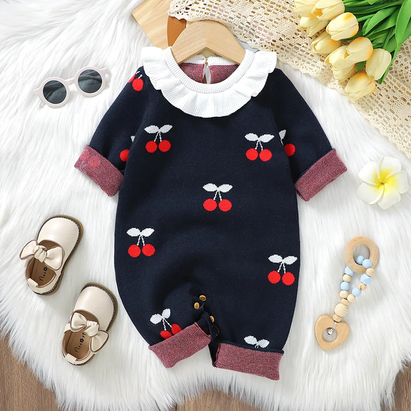 Baby Romper Knit Infant Girl Jumpsuit Fashion Turn-down Collar Cute Cherry Newborn Kid Clothes 0-18M Long Sleeve Autumn Overalls