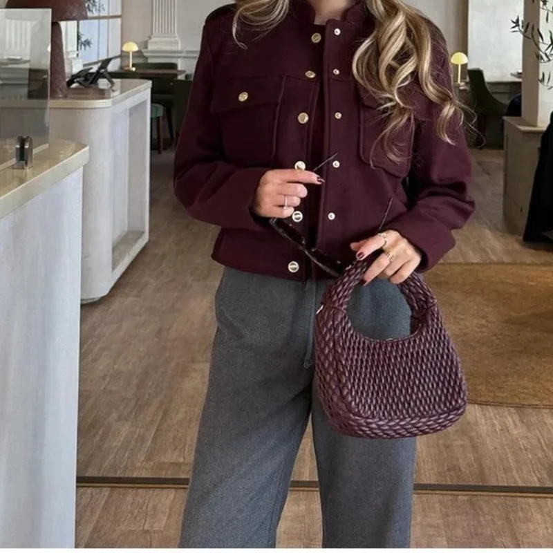 Women’s Fashion Stand-up Collar Vintage Casual Double-breasted Short Jacket Coat