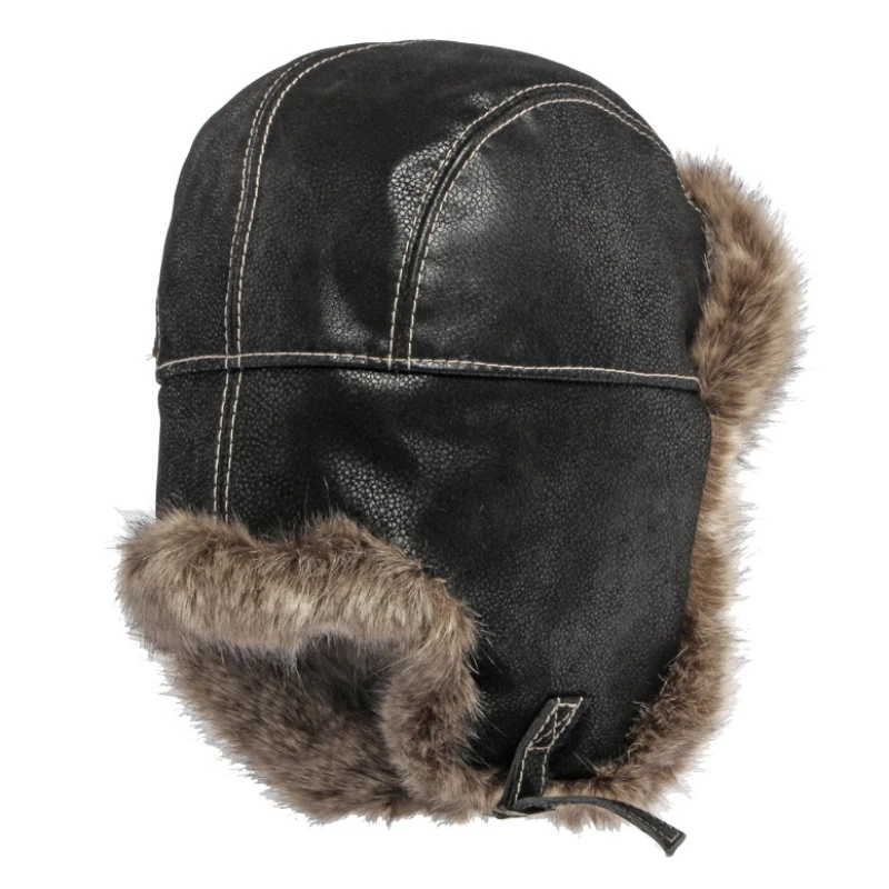 HT4098 Russian Hat Thick Warm Leather Winter Hat Men Women Windproof Fluffy Fur Bomber Hat Ski Earflap Cap Russian Ushanka Hat