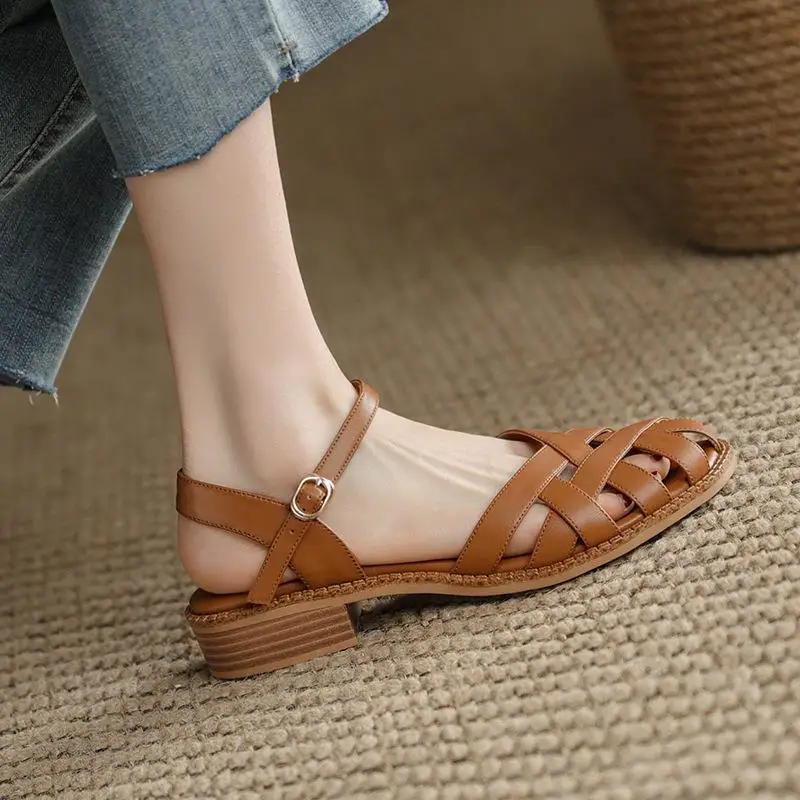 Fashion Womens Shoes 2022 Clear Heels Buckle Beige Heeled Sandals Square Toe Luxury Summer Retro Black Flat  Strap Comfort Girls