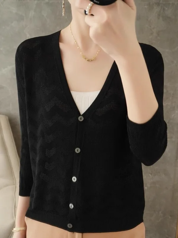

Spring New Women's Ice Silk Loose Thin V-neck Sun Protection Clothes Cardigan Shorts Knitted Sweater with Skirt Shoulder Shawl