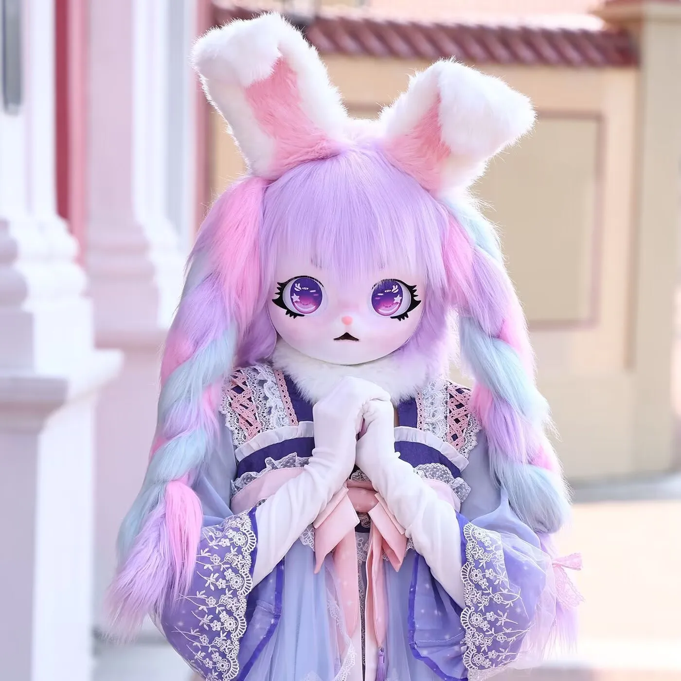 Anime Cosplay Fursuit Furry Head Mask with Long-ears Cute Bunny Masquerade Animal Headgear Kawaii Lolita Dress UP Costume Props