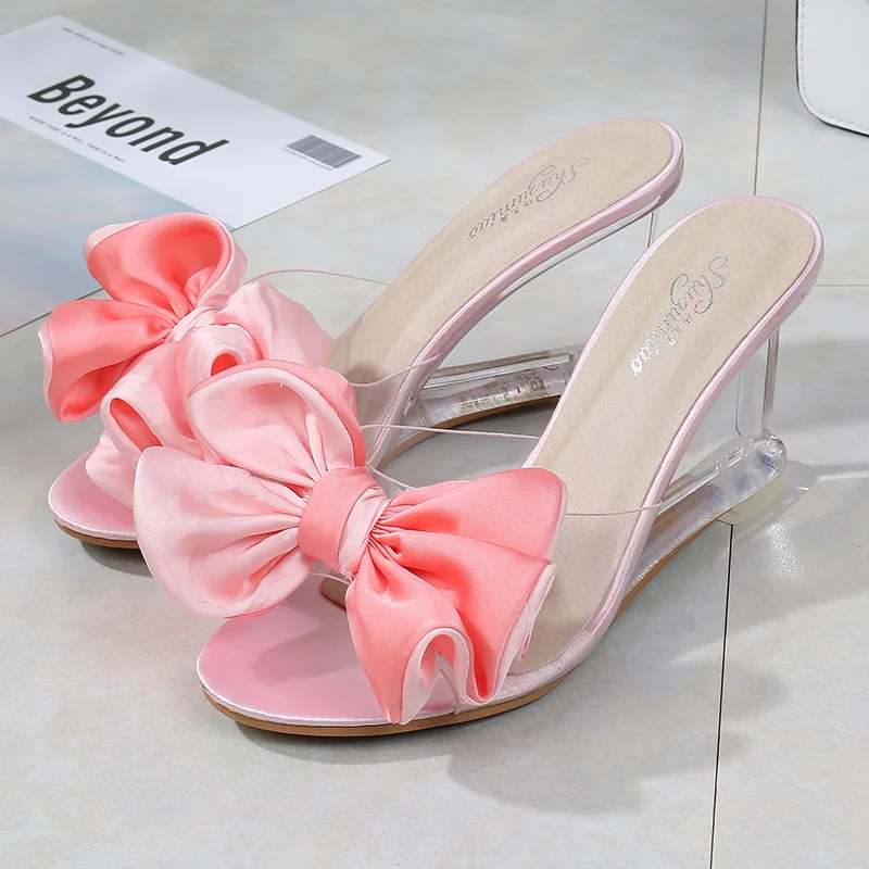 Womens High Heels Summer Wild Women\'s Sandals Simple Bow-knot Wedge Transparent Slippers Luxury Shoes Women Designers