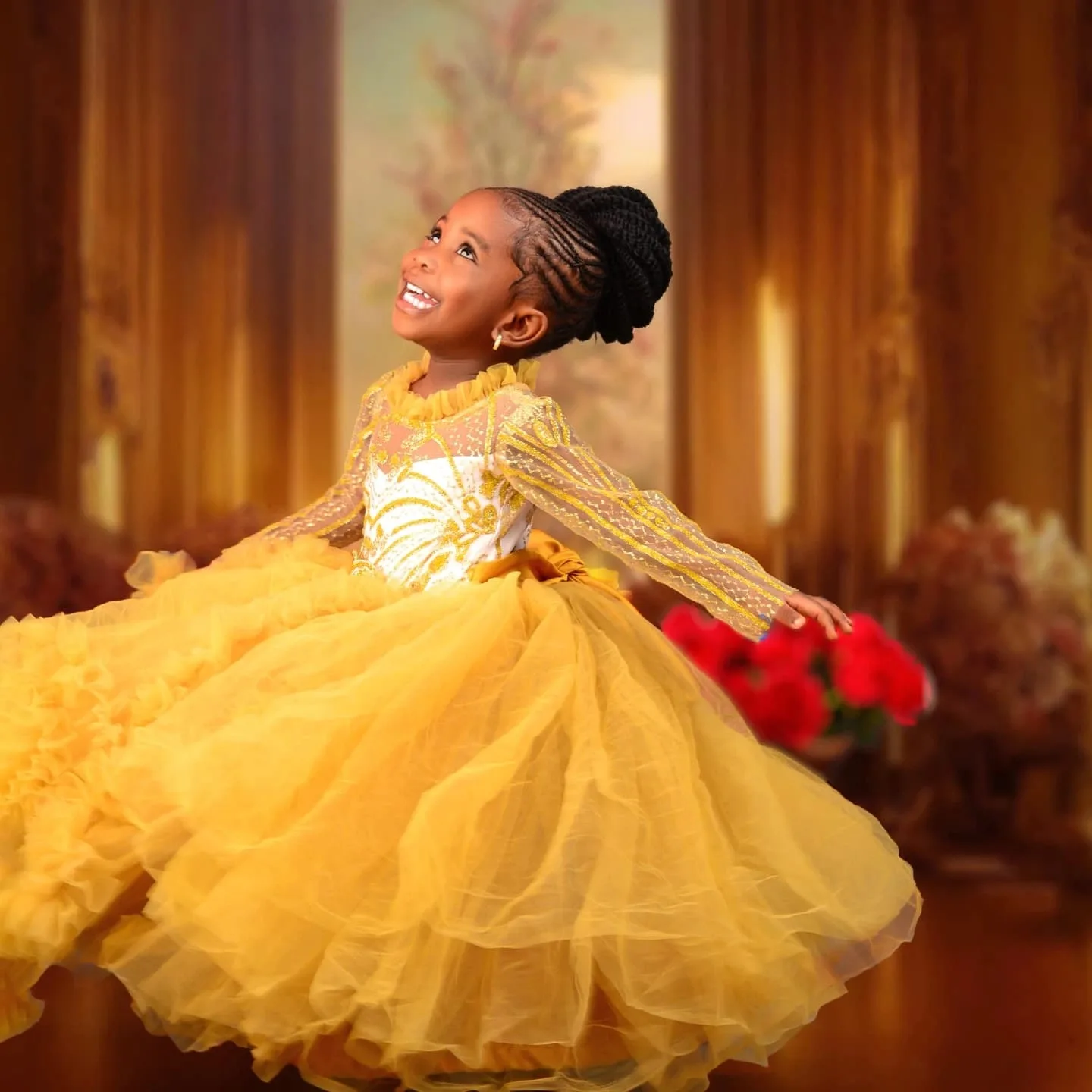 

Yellow Flower Girl Dresses for Wedding With Bow Lace Floor Length Girl Kids Birthday Party First Communion Gown Customized