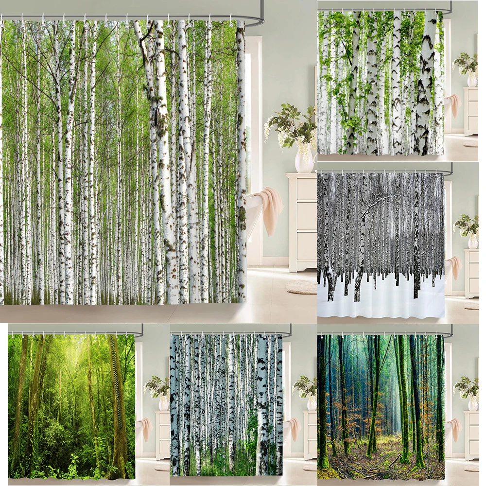 Birch Trees Forest landscape Shower Curtain Waterproof Fabric Bathroom Curtains Natural Scenery Bath Screen with 12 Hooks