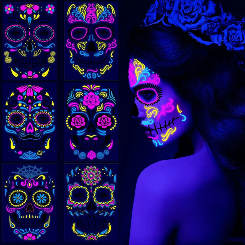 

Day of the Dead Temporary Fluorescent Face Tattoos Halloween Sticker Flower False Tattoo Festival Party Body Sticker Waterproof