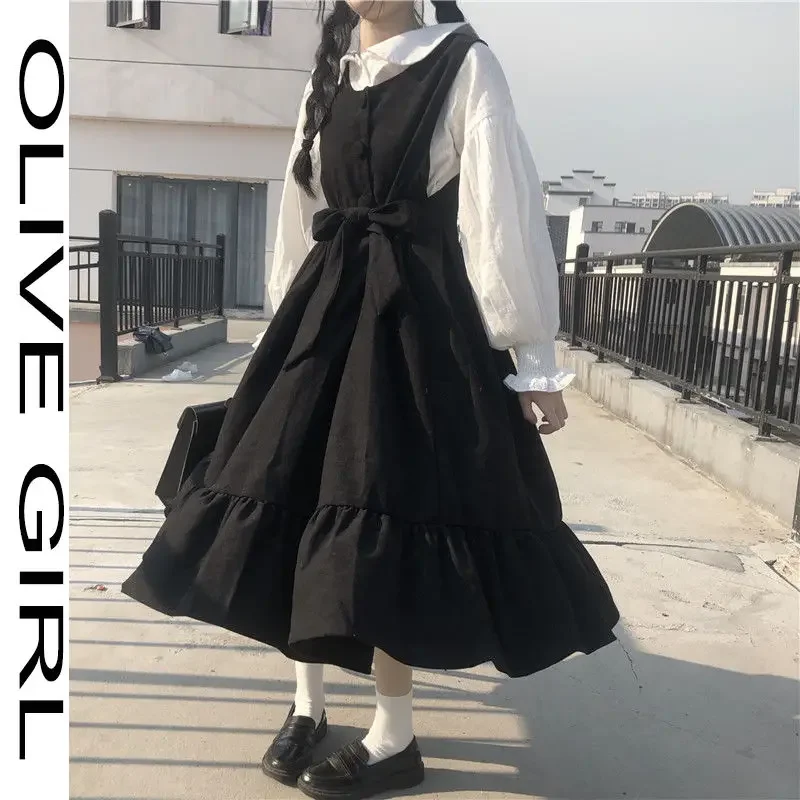 2021 letnie sukienki Maxi koszule dla kobiet Casual Kawaii bajkowe ubrania z długim rękawem sukienka na ramiączkach Lolita Harajuku Cottagecore szata