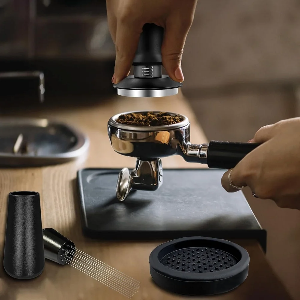Espresso Tamper 51mm Set Includes Spring Loaded Tamper Needle Distributor Tamper Mat and Aluminum Dosing Funnel