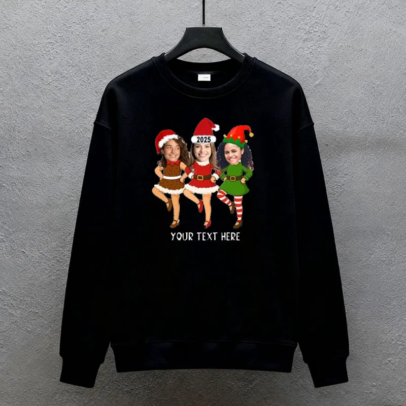 Custom Face Christmas Elf and Santa Sweatshirt Personalized Friends Photo Gift Men and Women Casual Fashion Soft Ideal Hoody Top