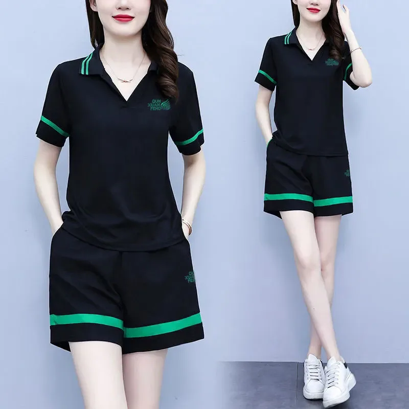 New Women Shorts Pullover V neck T-shirt Blouse Suit Summer loose Casual Two-piece Sets Korean Female Shorts Motion Sets 4XL