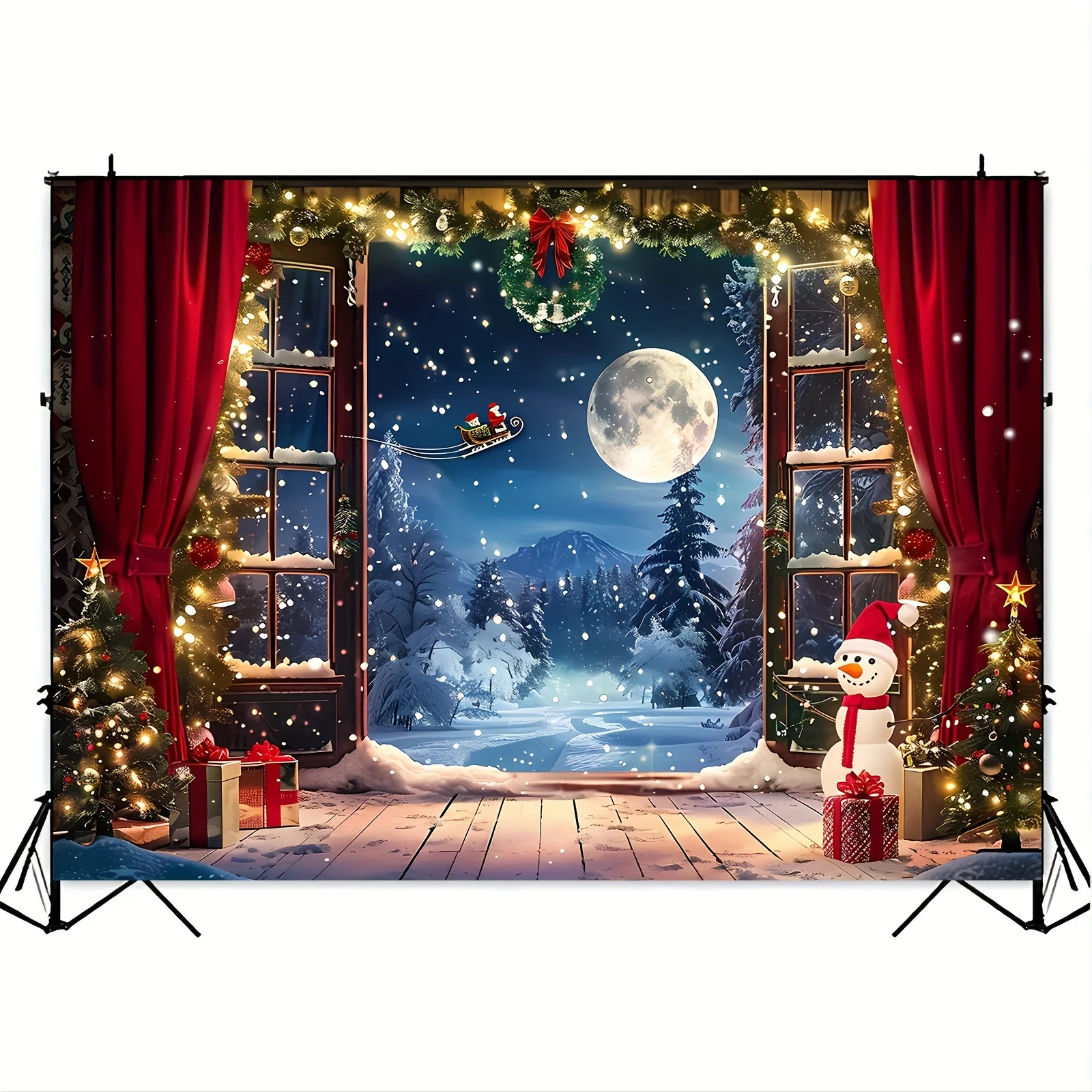 Christmas Winter Wonderland Background Cloth - Christmas Tree, Santa Claus, Snow and Moon Night Scene Photography Banner