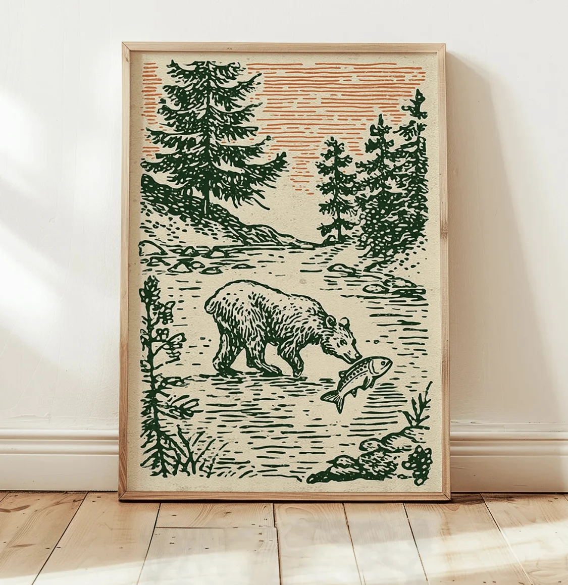 Bear Catching Salmon Wall Art Canvas Prints, Vintage Wildlife Posters, Retro Forest Decor for Living Room Bedroom Cabin Decor