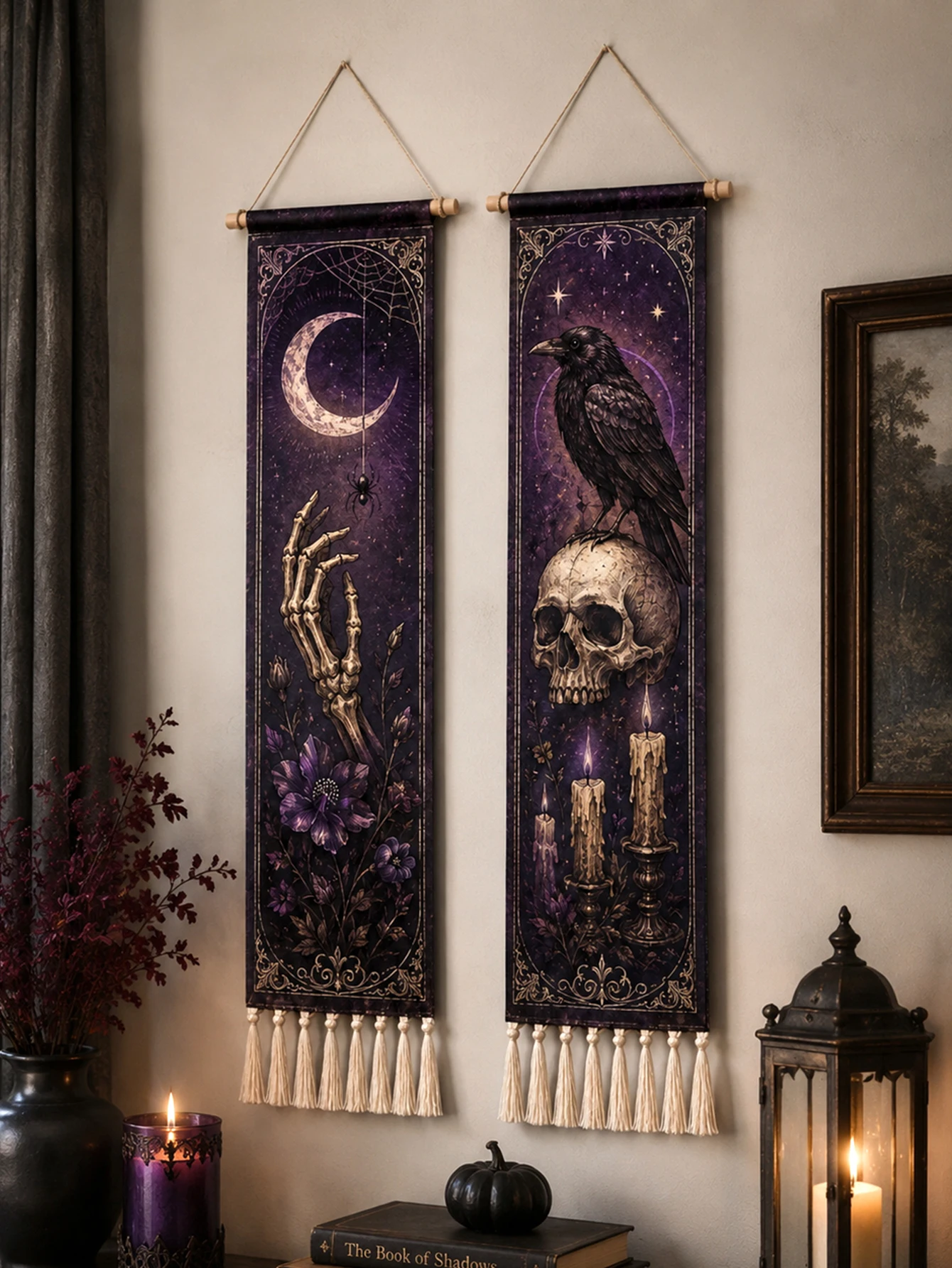 Halloween-Wandteppich mit Quasten, Gotische Hexe, Schwarze Katze, Krähe, Geisterhaus, Totenkopf-Druck, Vintage Grusel-Wandbehang Deko – Detail 35