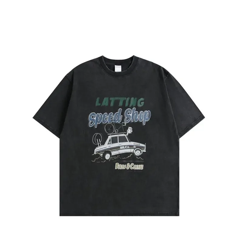 

Car Theme Pattern Retro Trend Men's and Women's Print Old Washed Short-sleeved T-shirt