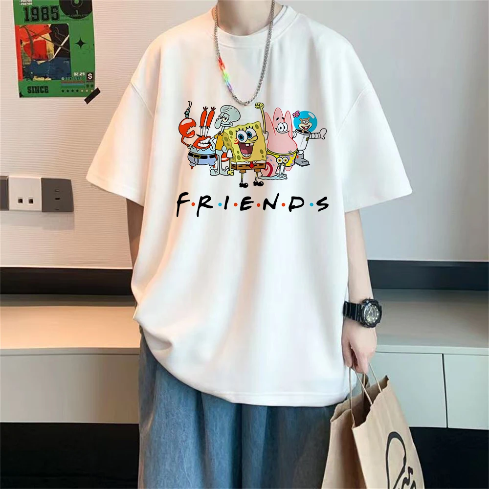 Men T-shirt Cartoon Sponges-bobs Print Cotton Women Girl Tops Casual Female Short-sleeved White Round Neck Oversized T-shirts