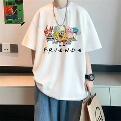 Camiseta de algodón con estampado de esponjas de dibujos animados para hombre y mujer, Tops informales de manga corta para mujer, camisetas blancas de cuello redondo de gran tamaño