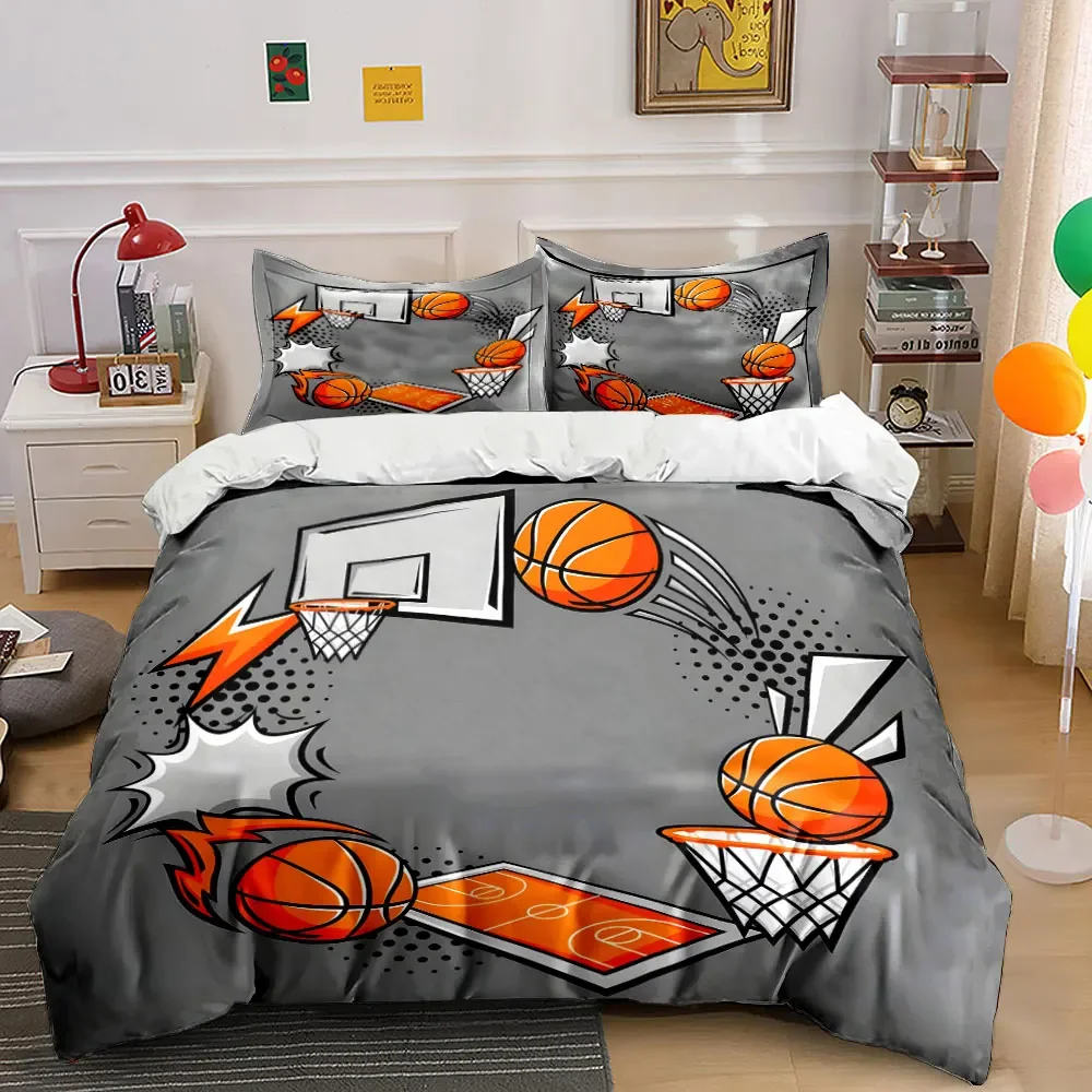 3Pcs Basketball Bedding Set, Pop Art Basketball Hoop & Ball Print Duvet Cover + 2 Pillowcases, Sports Fan Decor