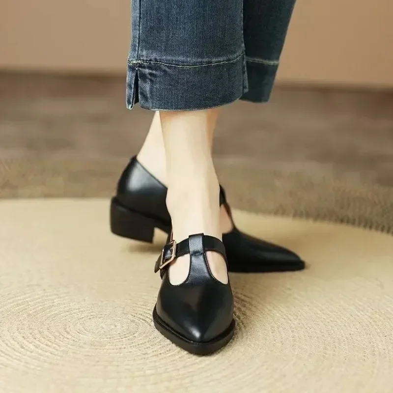 Vintage Belt Buckle Pointed Single Shoes for Women 2023 Spring New Soft Leather British Small Leather Shoes Thick Mid-heel