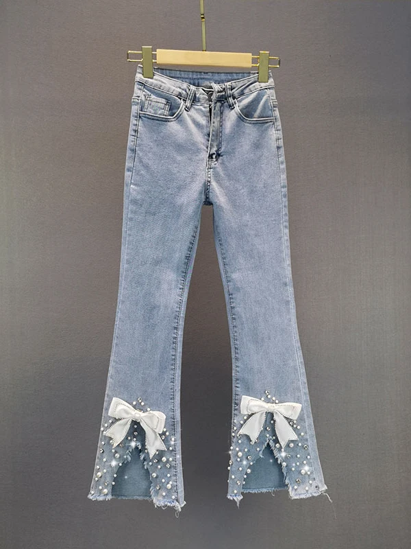 

Slim Fit High Waist Thin Denim Jeans Women's Summer New Sle Diamond Embellied Bootcut Nine Point Pants Cotton Stretch Denim