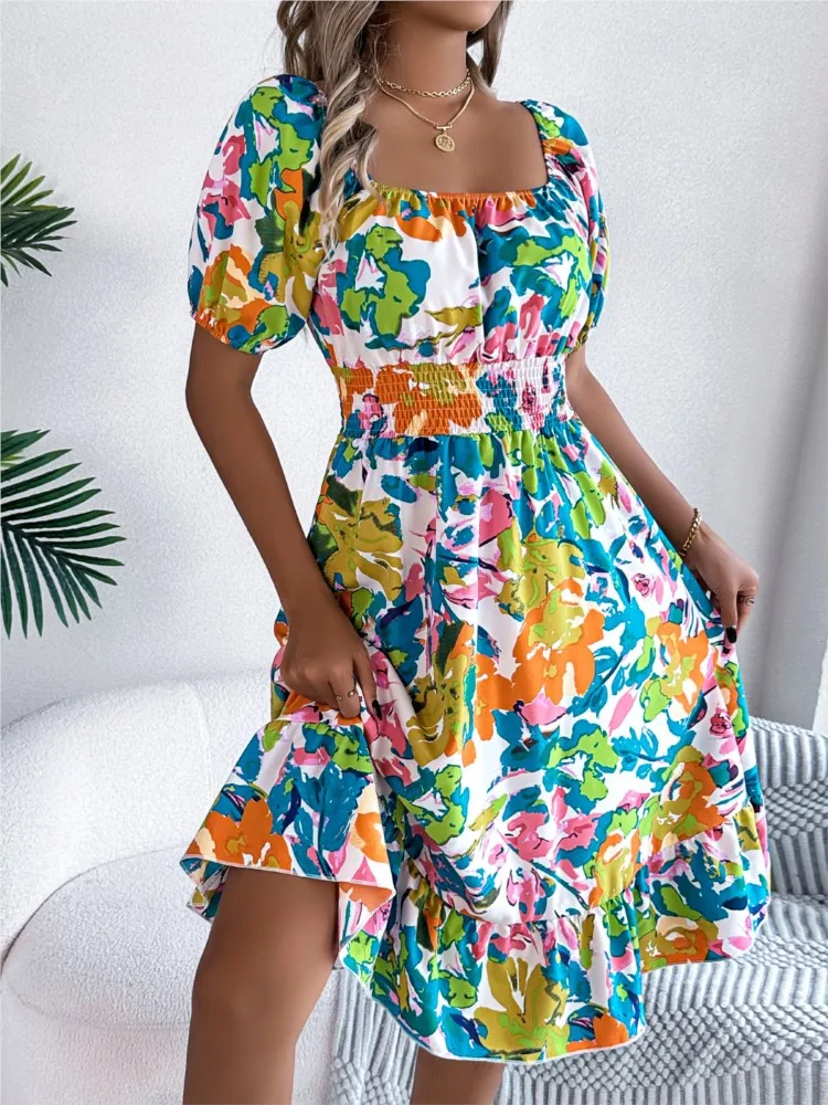 

Summer Elegant Printed Dress Short Sleeved Square Neck Women Pleated Edge Dresses Fashion Elegant Commuting Vestidos Para Mujer