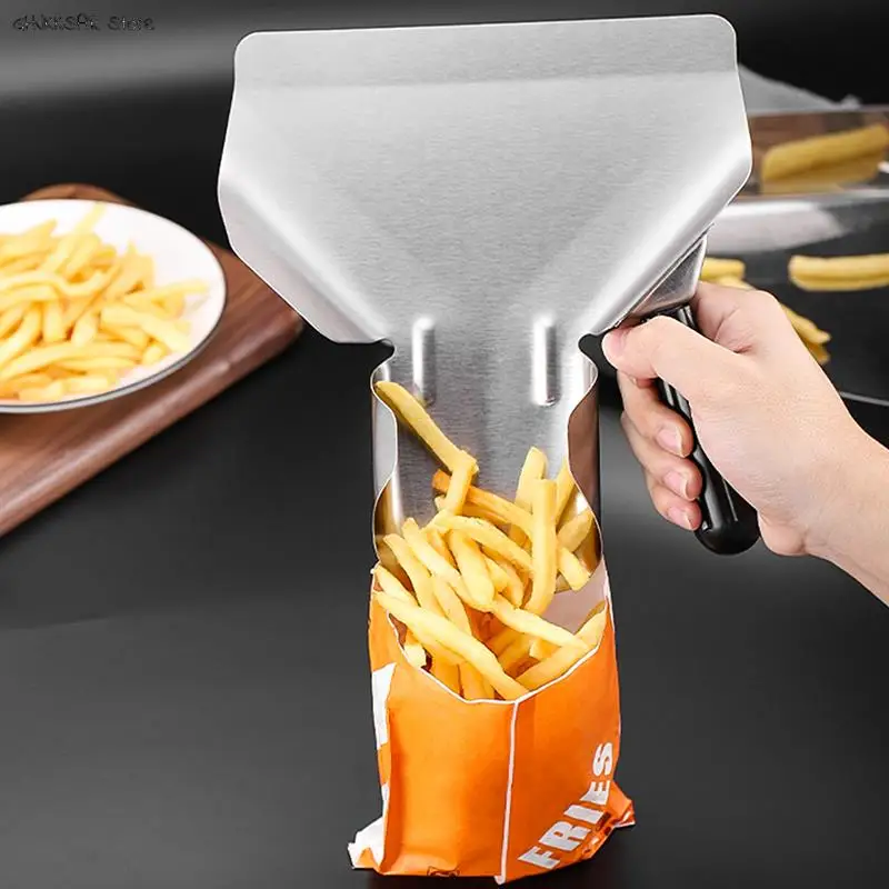 Pala de acero inoxidable para patatas fritas, utensilio de cocina con mango simple/doble, para embalaje de patatas fritas y hamburguesas