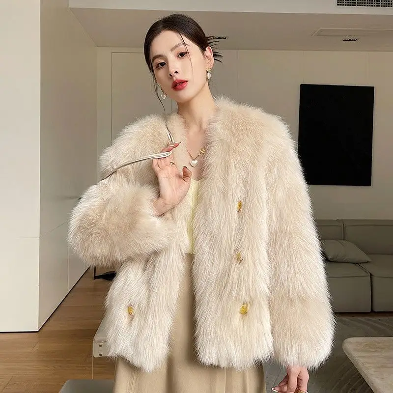 Stylish White Fox Fur Overcoat Medium-length Tweed Style Artificial Fur Jacket For Women Winter Court Style Coat