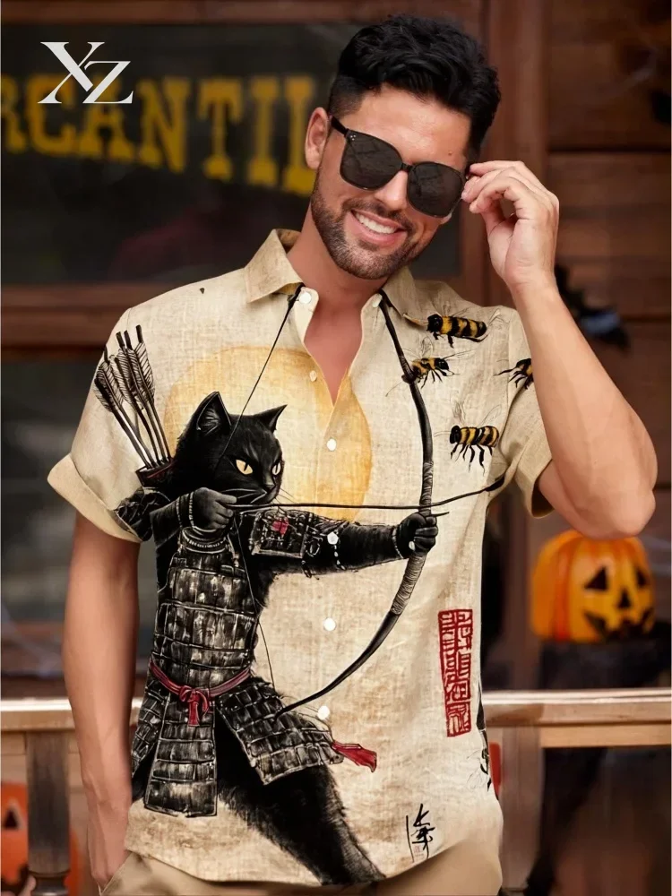 Men's Retro Khaki Japanese Kyudo Print Shirt Black Cat Tribal Warrior Short Sleeve Lapel Single Breast Oversized Tunic