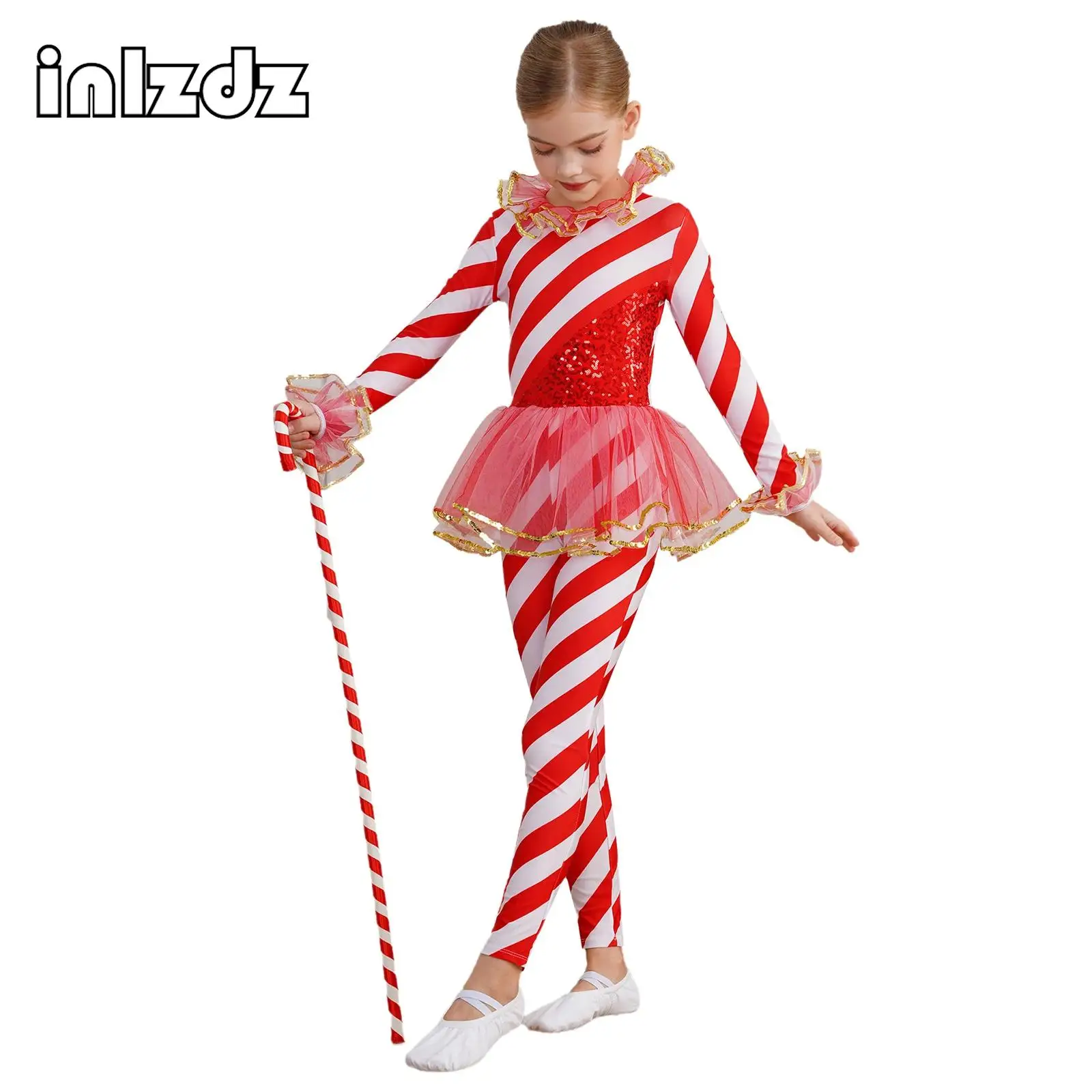 

Kids Girls Christmas Candy Cane Striped Jumpsuit Tutu Dress Sequined Mesh Skirted Santa Claus Bodysuit Ballet Gymnastics Leotard