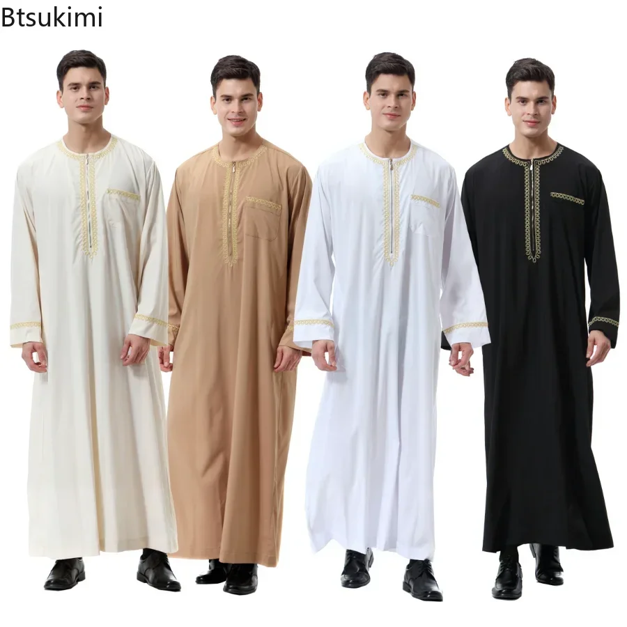 มุสลิมแฟชั่นผู้ชาย Abaya Jubba Thobe พิมพ์ซิปกิโมโนแขนยาวสีทึบสบายๆปากีสถานอิสลามเสื้อผ้าปุ่มกระเป๋า