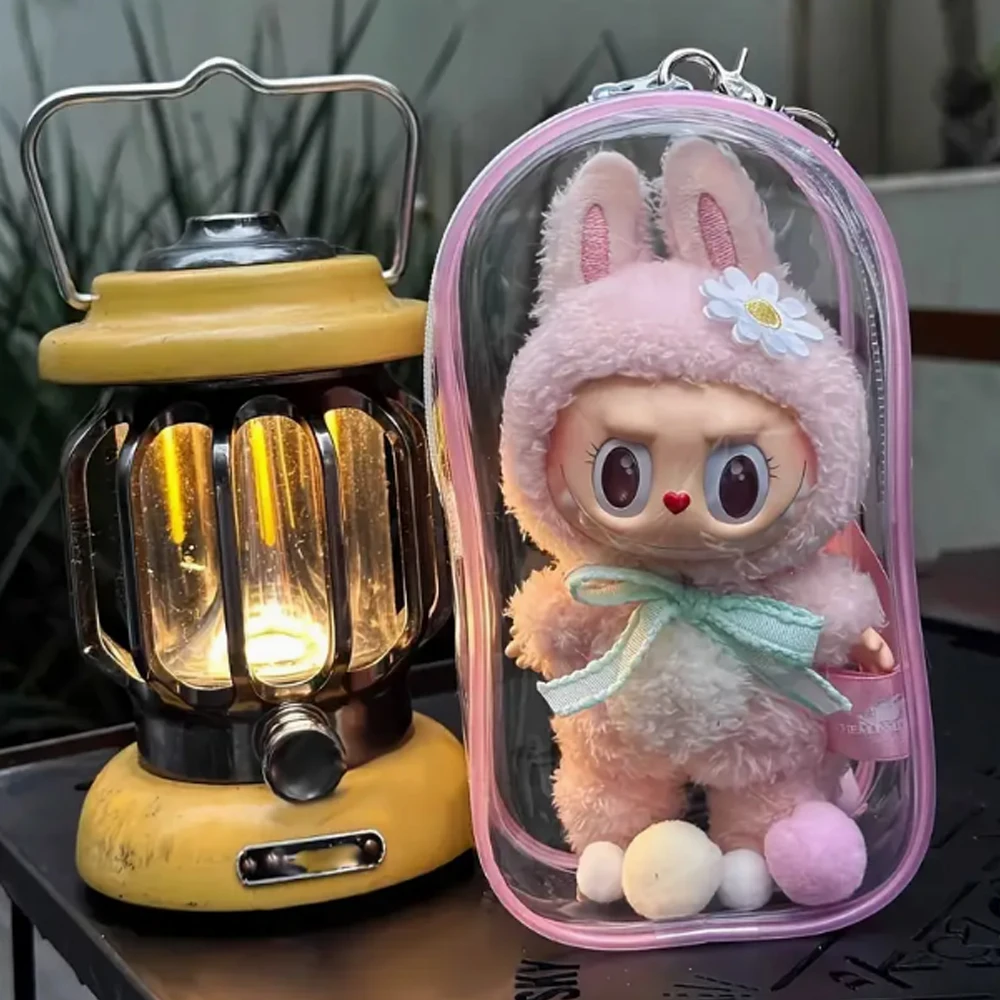 PVC Storage Box with Keychain & Fur Balls For 17cm Labubu & Glue Dolls, Transparent Dustproof Zipper Case for Small Figurines