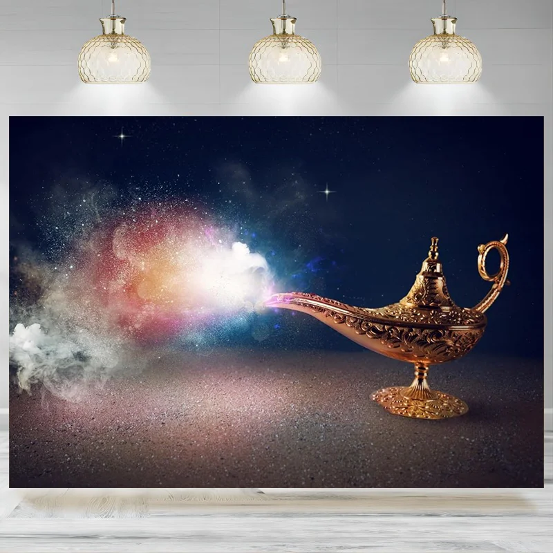 Aladdin's Genie Lamp Backdrop Magic Lantern Colorful Smoke Photographic Background Lamp Fantasy Backdrop Kids Photo Banner